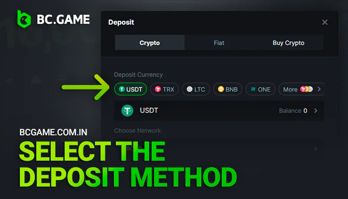 Choice of currency when depositing in BCGame